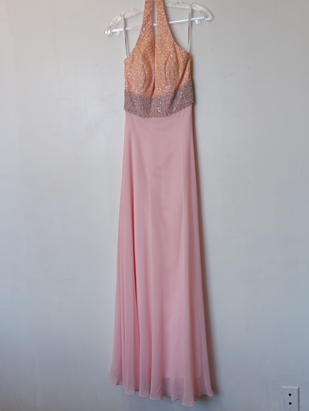 Vintage Tony Bowls Blush Pink Halter Maxi Gown with Beaded Waist